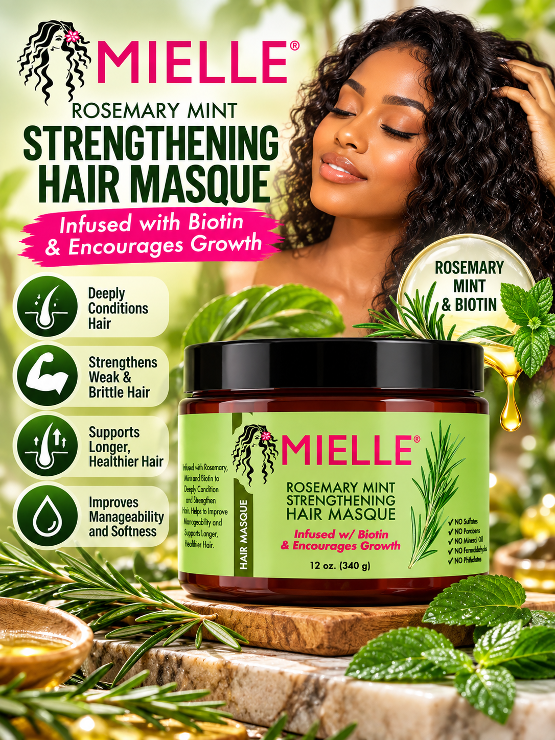 MIELLE ORGANICS ROSEMARY MINT STRENGTHENING HAIR MASQUE 12OZ