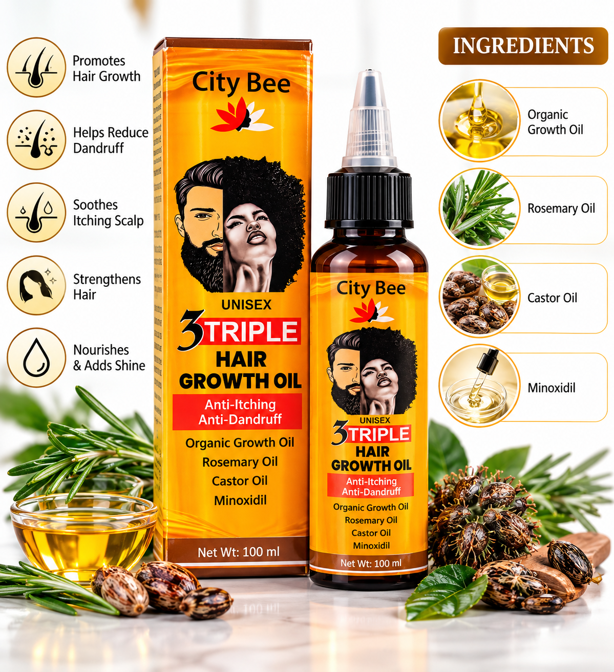 City Bee Unisex 3 Triple Hair Growth Oil – Anti-Dandruff & Anti-Itching