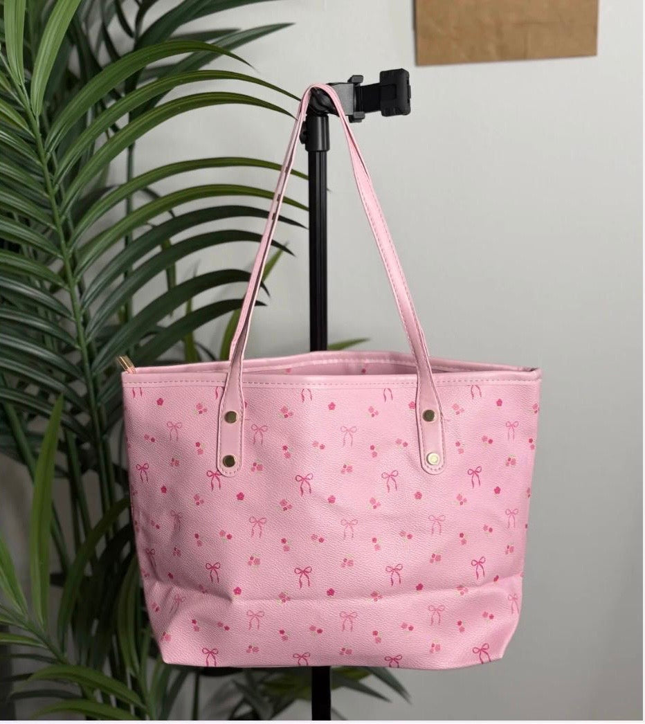 Pastel Pink Bow Print Tote – Durable Multi-Purpose Shoulder Bag