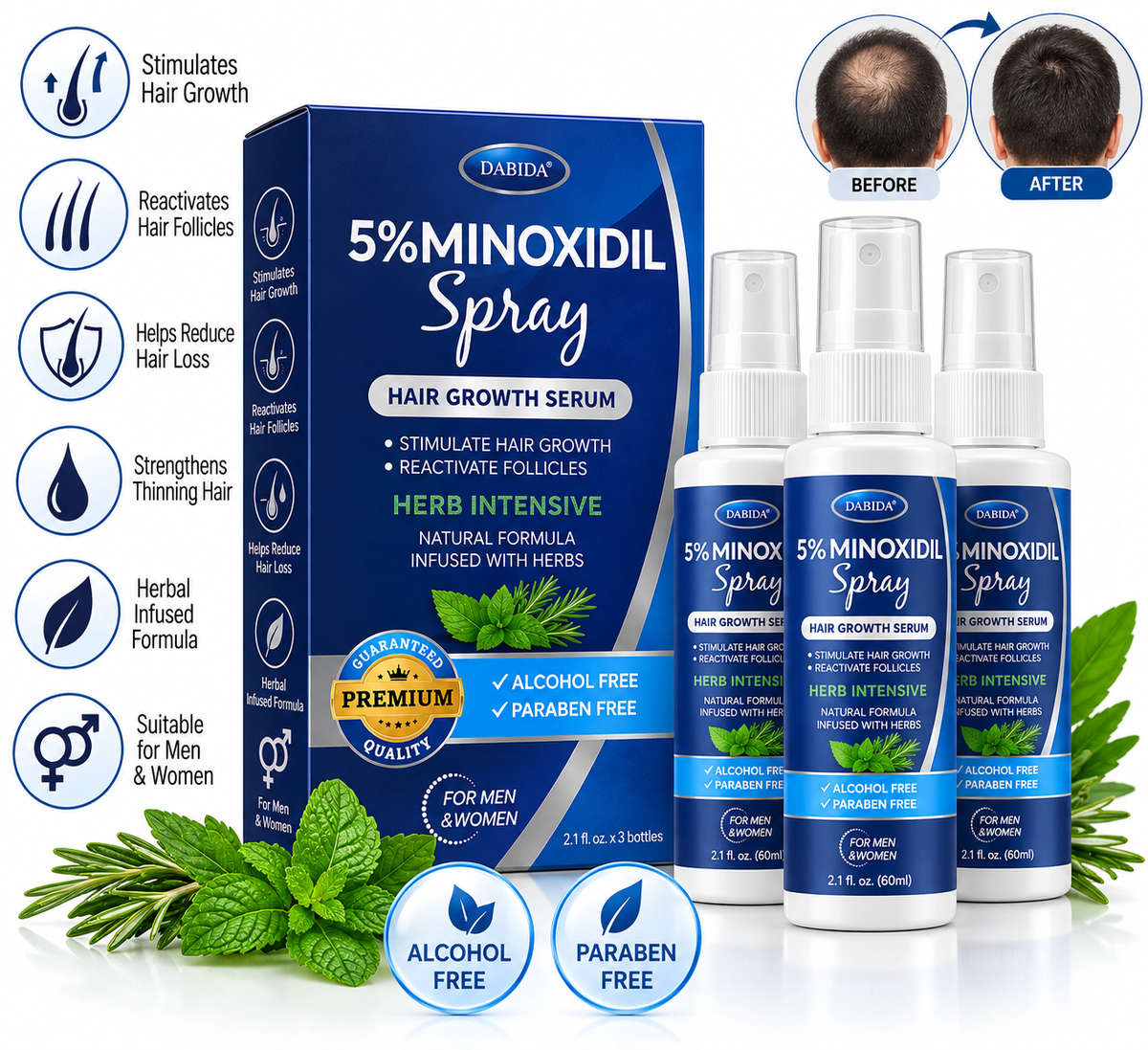 Dabida 5% Minoxidil Spray Hair Growth Serum – Infused with Herbs