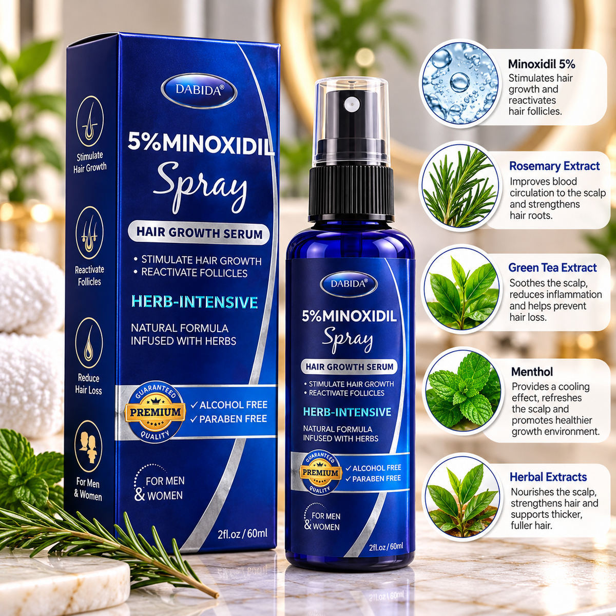 Dabida 5% Minoxidil Spray – Herb Intensive Natural Formula