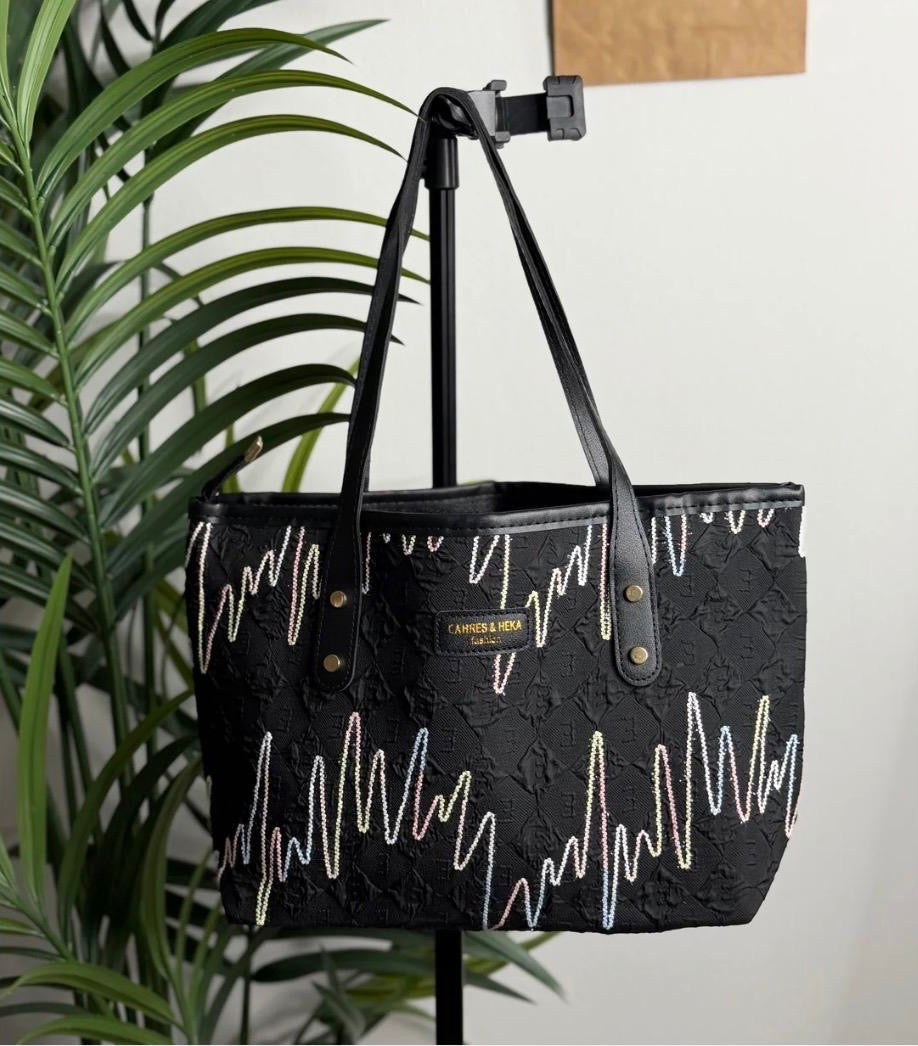 Embroidered Zigzag Textured Tote Black Shoulder Bag