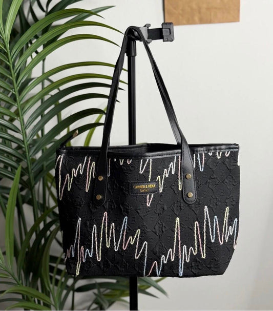 Embroidered Zigzag Textured Tote Black Shoulder Bag