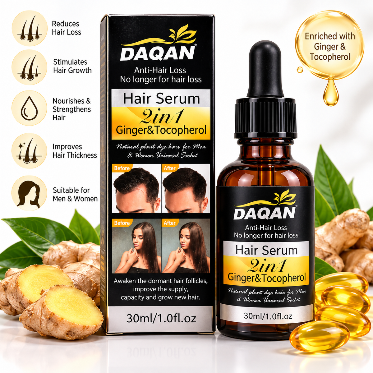 DAQAN Anti Hair Loss Hair Serum 2-in-1 – Ginger & Tocopherol