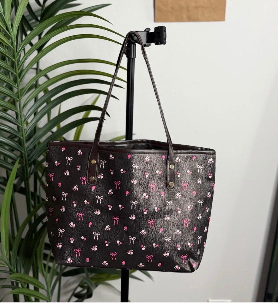 Black Floral Bow Print Tote – Ladies Minimalist Shoulder Bag