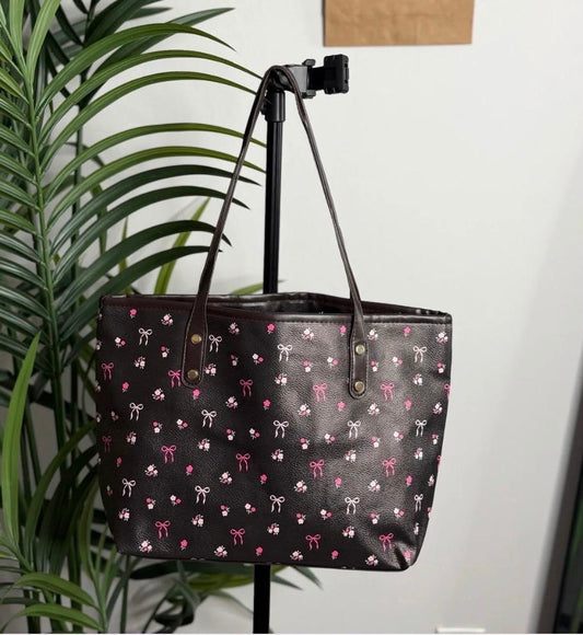 Black Floral Bow Print Tote – Ladies Minimalist Shoulder Bag