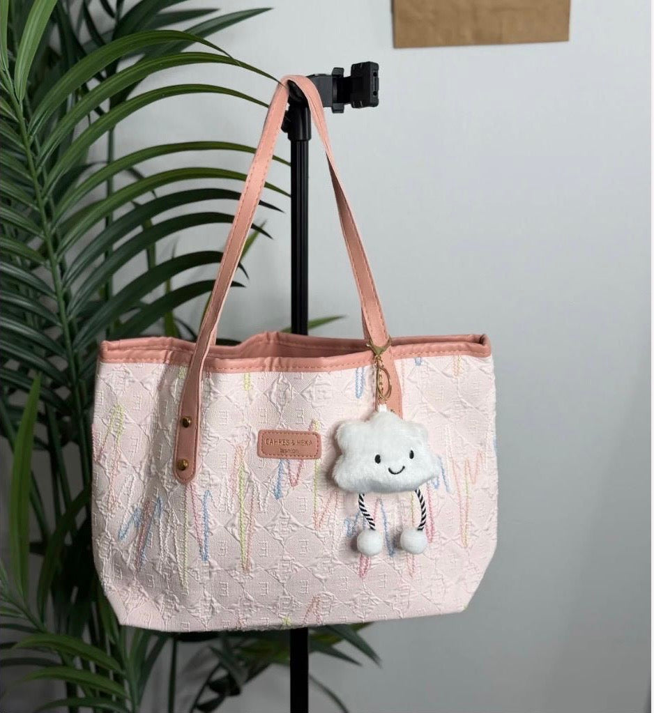 Soft Pink Embroidered Cloud Tote – Textured Casual Shoulder Bag