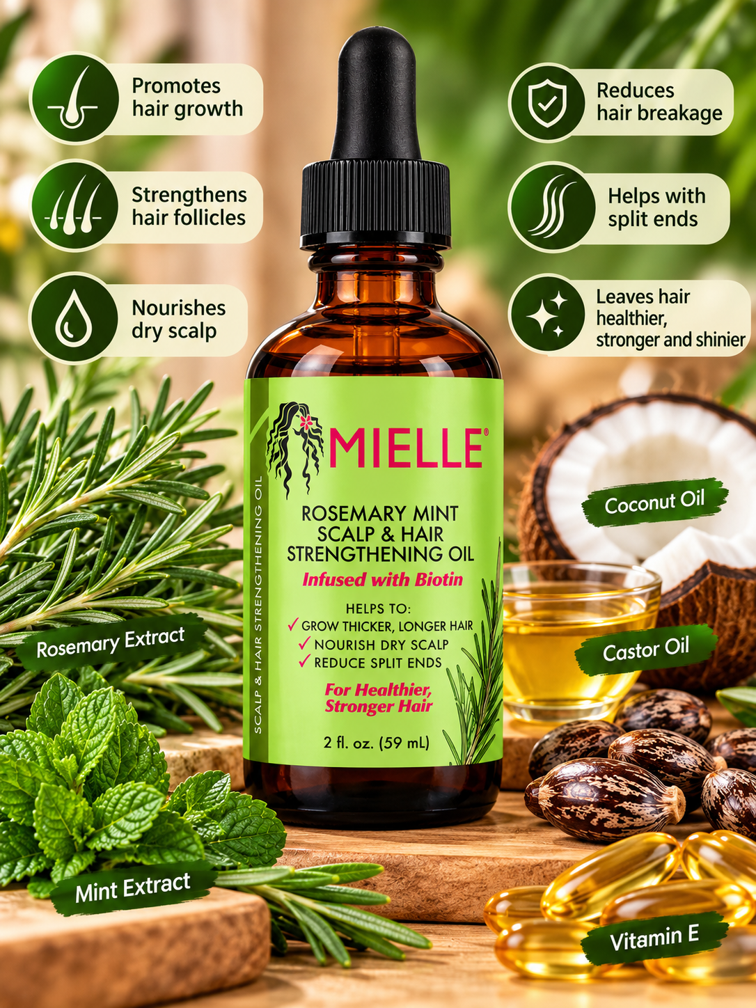MIELLE ORGANICS ROSEMARY MINT SCALP & HAIR STRENGTHENING OIL 2OZ